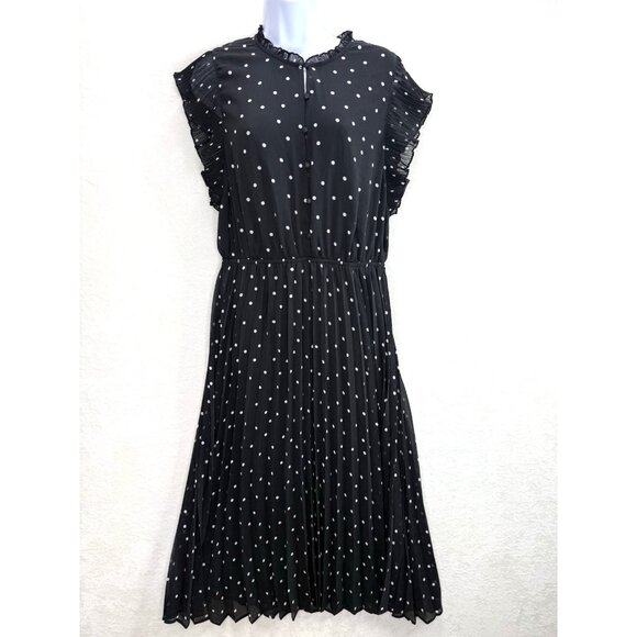 Les Serein Perla Black White Polka Dot Pleated Flutter Sleeve Dress Size L NWT - Picture 1 of 14